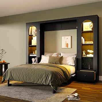 Queen Size Murphy Cabinet Bed with Desk Combo and Storage Drawers, Horizontal Murphy Platform Bed with Side 4 Layers Bookshelf Built-in LED, Space Saving, Black