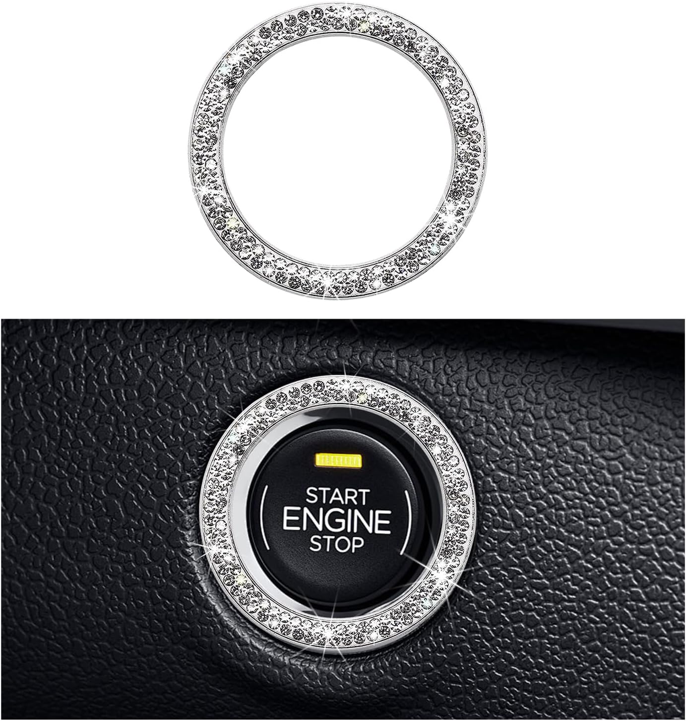 Yourkar Car Bling Engine Start Ring Decal, Sparkling Crystal Rhinestone Auto Push Start Button Cover Sticker, Decorative Key Ignition Knob Ring for Most Cars, Car Accessories (White, 1 PC)