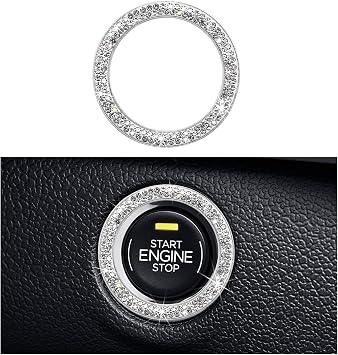 Yourkar Car Bling Engine Start Ring Decal, Sparkling Crystal Rhinestone Auto Push Start Button Cover Sticker, Decorative Key Ignition Knob Ring for Most Cars, Car Accessories White, 1 PC