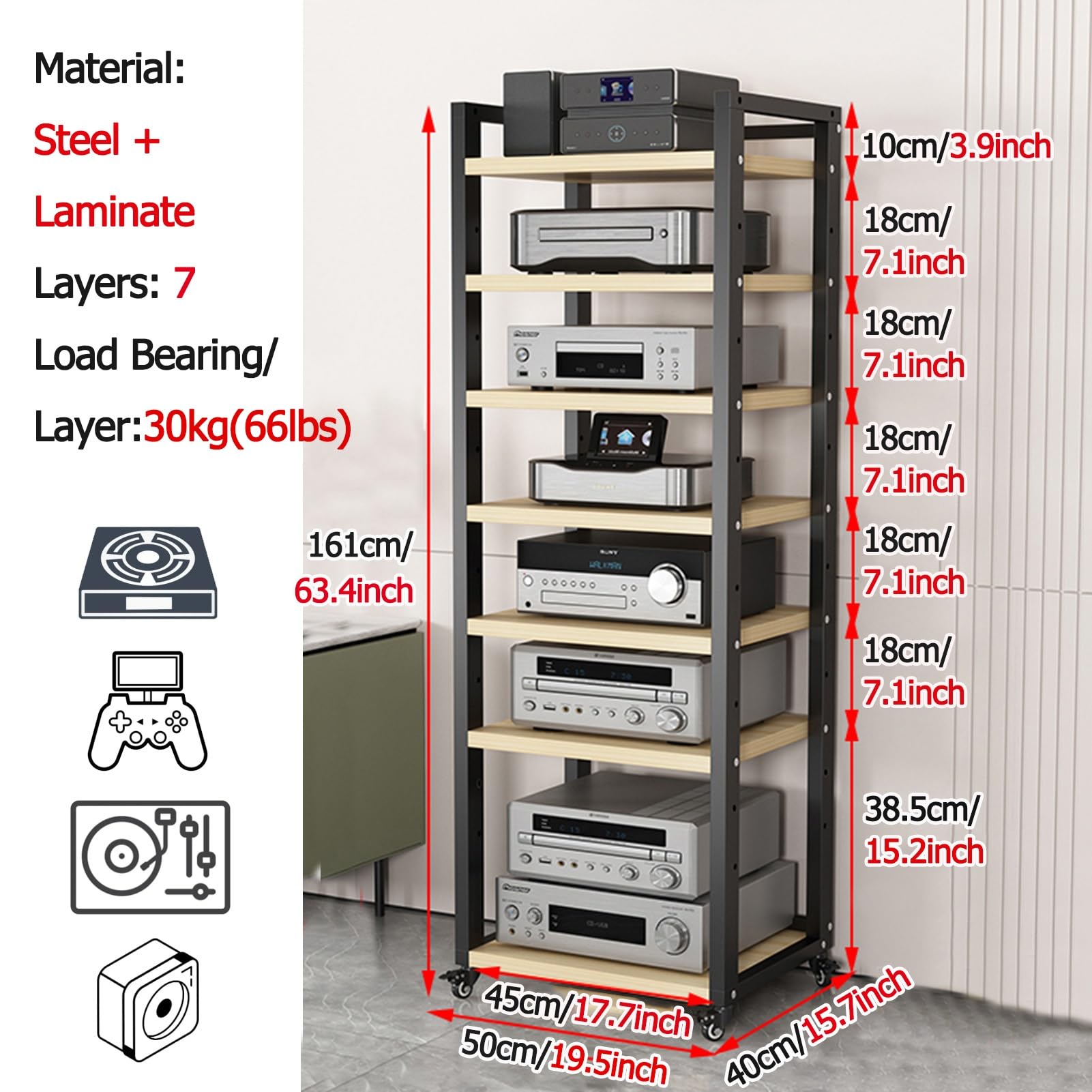 Szafka na sprzęt audio, Wielofunkcyjny stojak na komponenty audio/wideo o wysokości 161 cm i 63 cali, nowoczesna szafka z kółkami kółkach(Black1,7 TIER50CM WIDE)