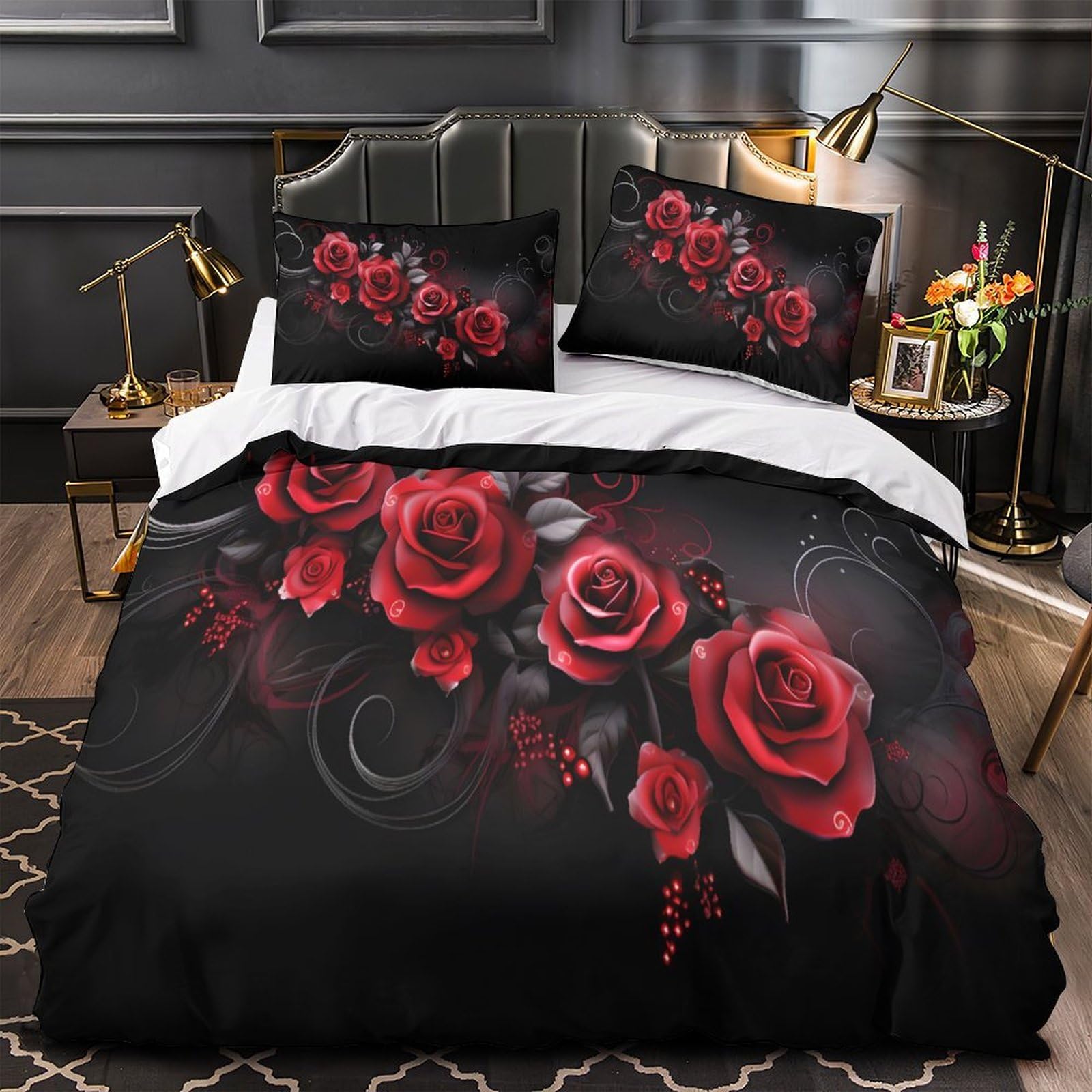 Housse de couette zippée anti-plis parure de lit roses microfibre ultra douce single