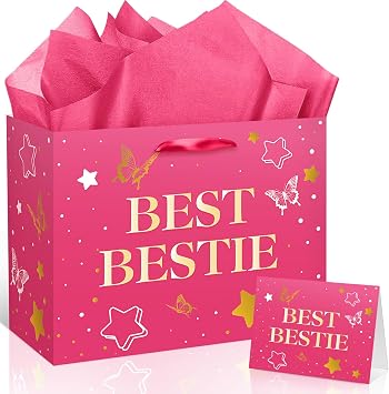 TagreSpike Best Friend Bestie Birthday Gifts for Women, Hot Pink Butterfly Best Bestie Gift Bag with Tissue Paper and Greeting Card, Friendship Gifts for Women BFF Sisters Birthday Wrapping Paper