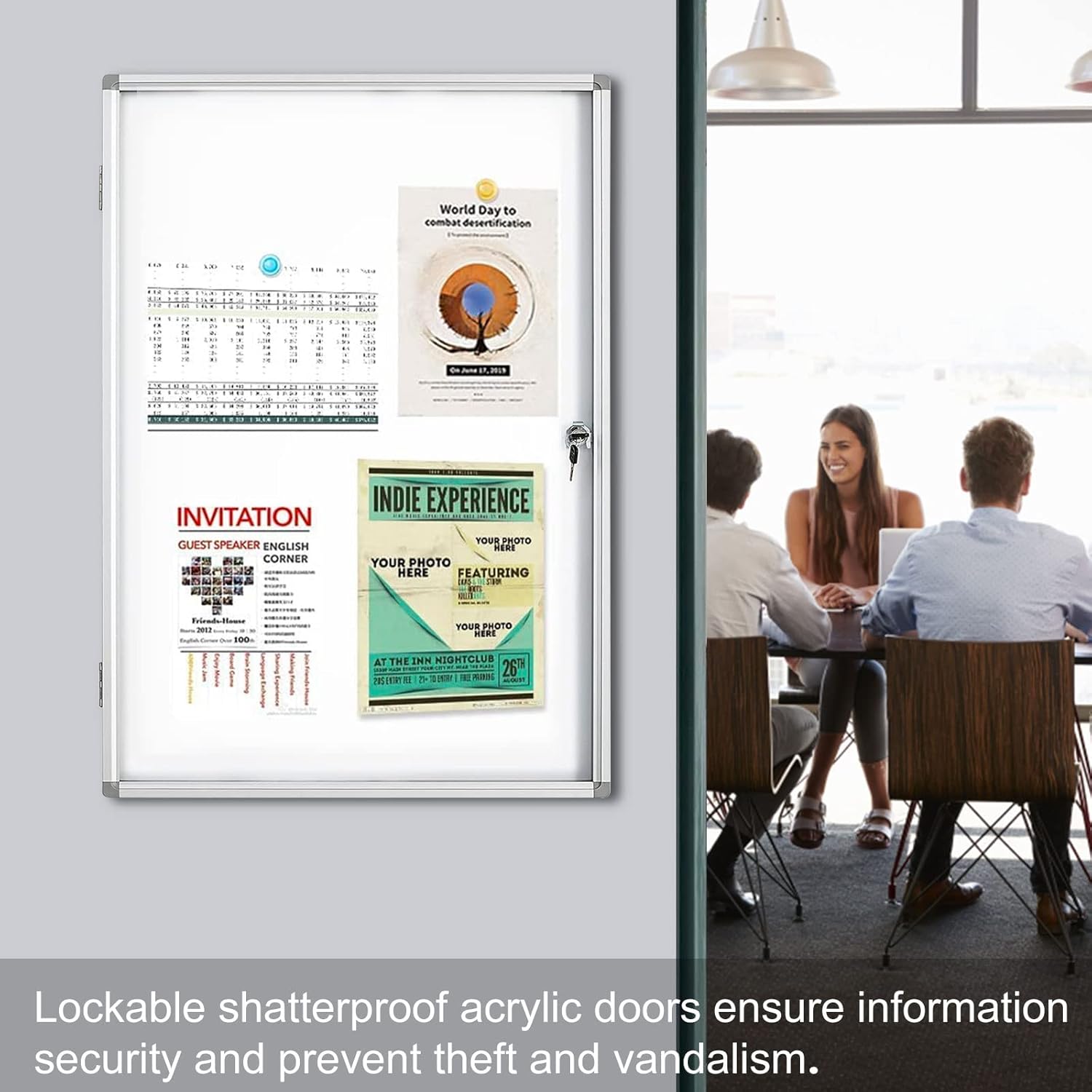 Lockable Magnetic Enclosed 36 × 24 Inches Dry-Erase whiteboard, Tamper-Resistant wall-Mounted Display White Board, Aluminum-Framed Window (White)