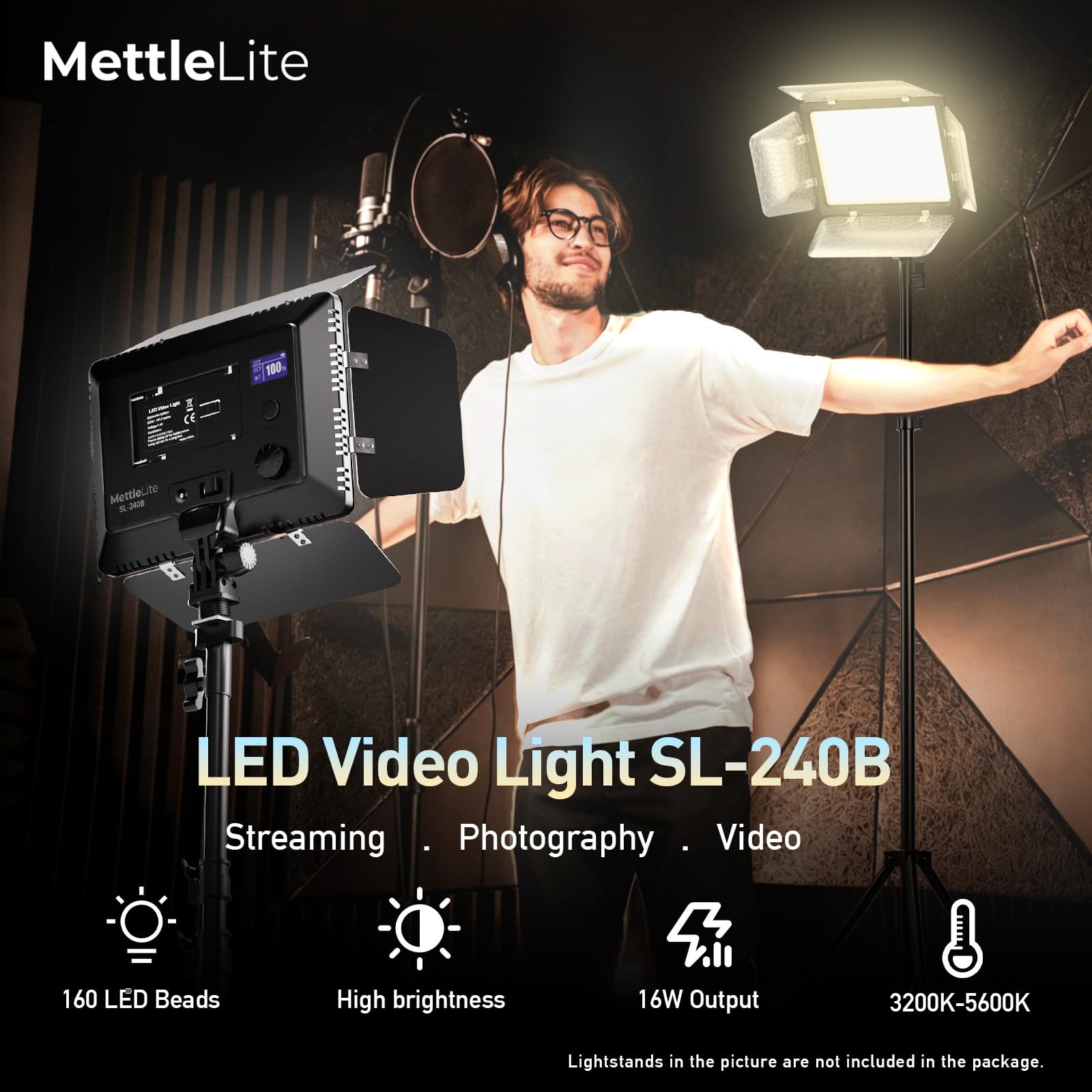 Mettlelite SL240B - Luz LED de video con puerta de granero y mini trípode, panel bicolor ultra brillante, regulable 3200K-5600K CRI 95+, kit de iluminación de estudio portátil para fotografía, video y