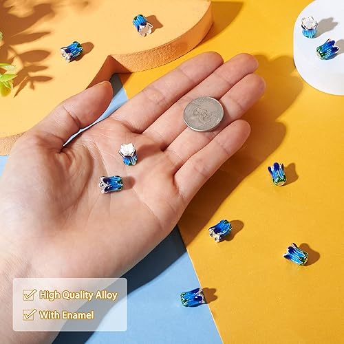 Miniatura 6 de Pandahall - 10 cuentas de flores esmaltadas de aleación de 0.413 x 0.335 in, coloridas cuentas florales chapadas en plata, cuentas sueltas,