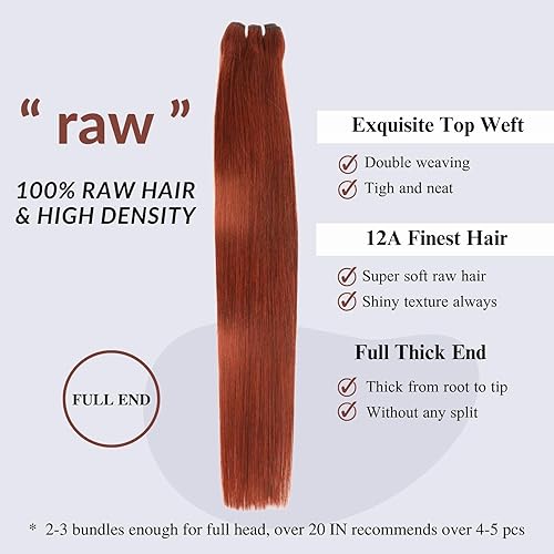 Miniatura 3 de HERMOUS Paquetes de cabello humano brasileño virgen Remy de color marrón rojizo 12A de 20, 22, 24 pulgadas, color cobrizo, castaño rojizo,