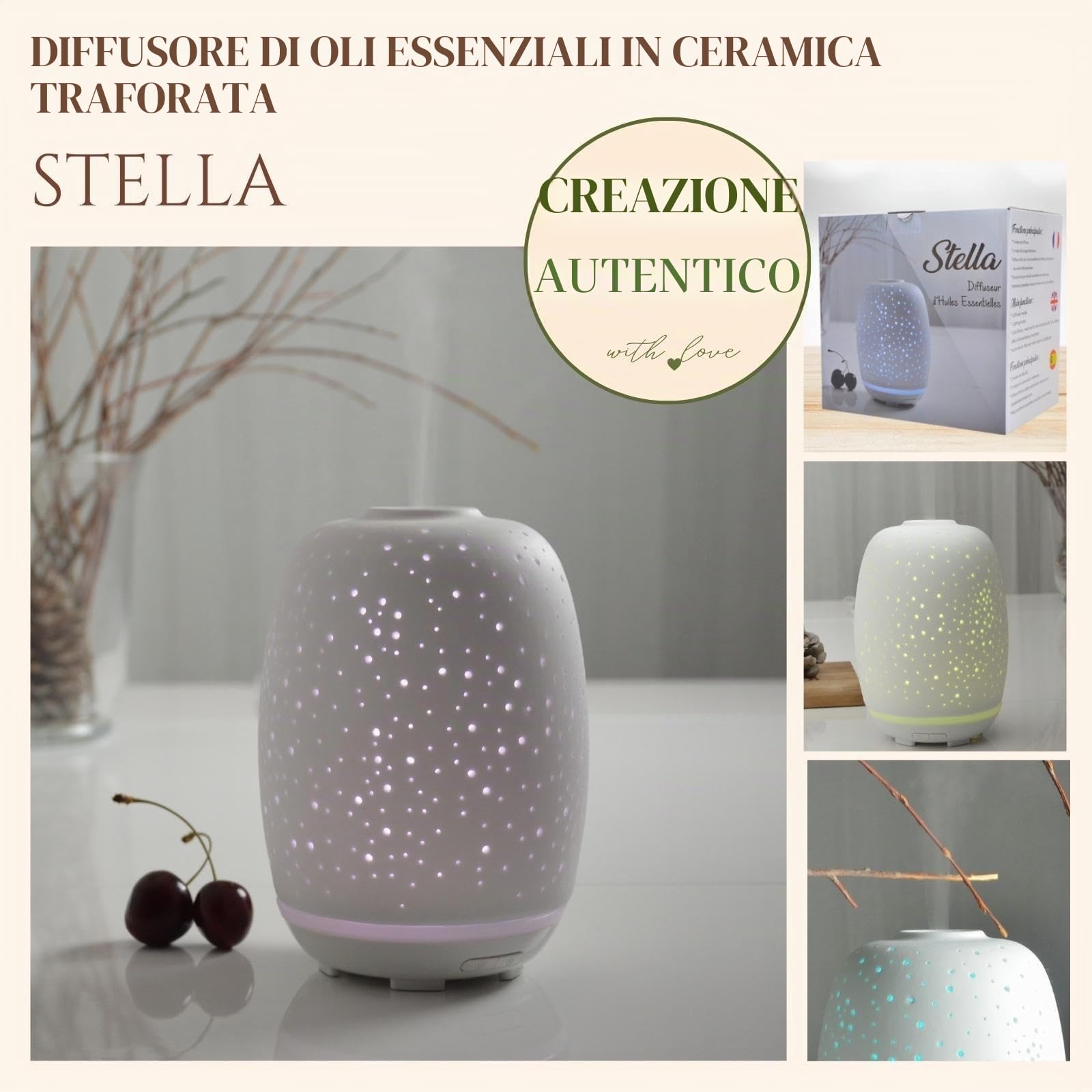Zen'Aroôme Diffusore di Olio Essenziale Stella - Ultrasonico Aromaterapia a Freddo - Elettrico Multifunzione in Ceramica - Illuminazione LED d'Atmosfera Colorata - Spegnimento