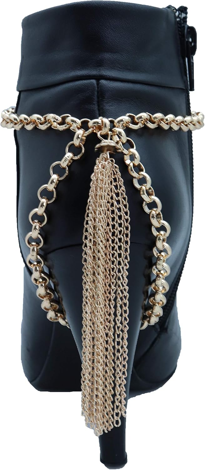 Women Western Fashion Jewelry Boot Chain Gold Bracelet Metal Shoe Anklet Bling Back Fringe Tassel Charm