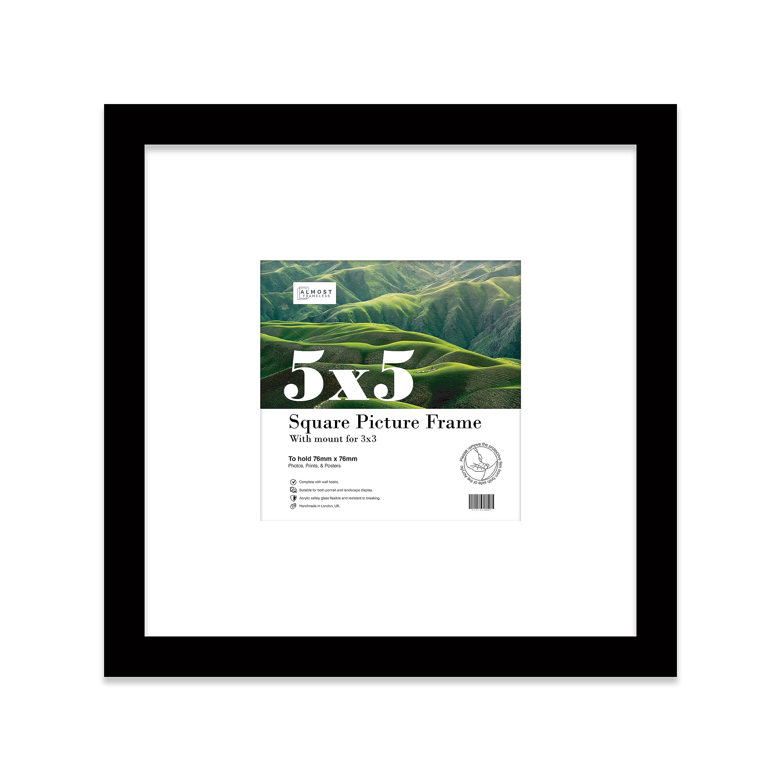 Almost Frameless 5x5 Picture Frame, Display Pictures 3X3 With Mat or 5x5 Without Mat, Wall Hanging & Free Standing Photo Frame, Black, 1 Pack