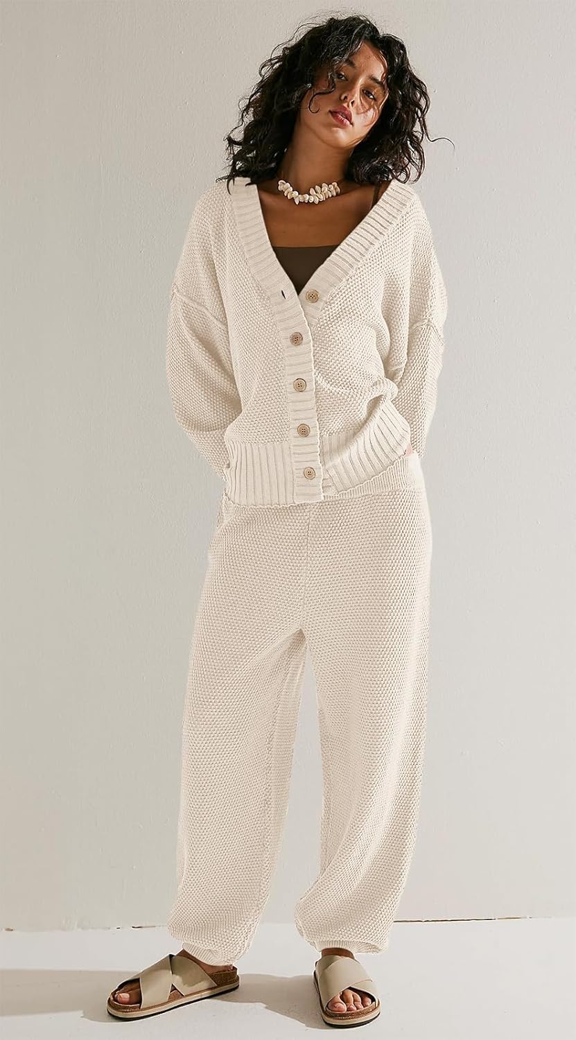 SAUKOLE Womens Two Piece Outfits Knit Sweater Sets Oversized Button Down Cardigan and Long Pants Matching Lounge Set - Image 3