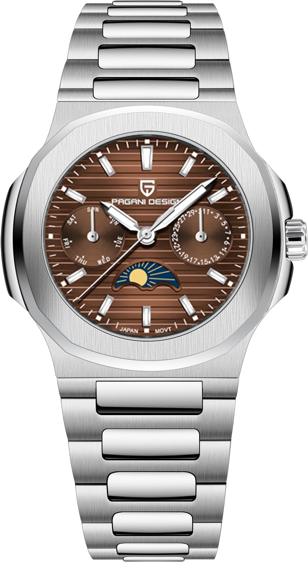 Pagani Design Luxury Women's Quartz Watch Multifunctional Chronograph Moon Phase VX3H Movement Full Stainless Steel Waterproof Luminous Elegant Lady Sport Wristwatch