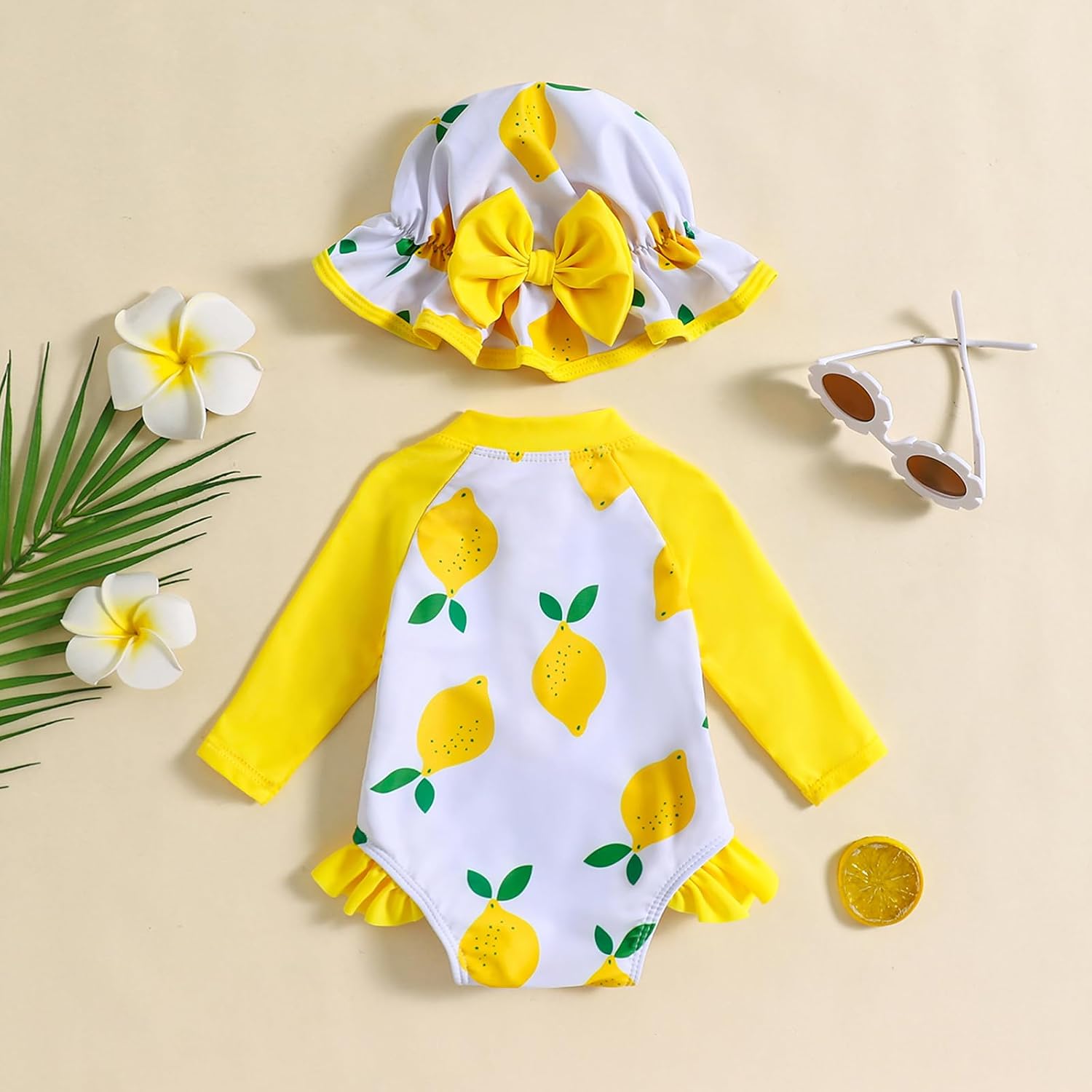 Baby Girl Swimsuit Long Sleeve Zipper Bathing Suit One Piece Swimwear with Hat