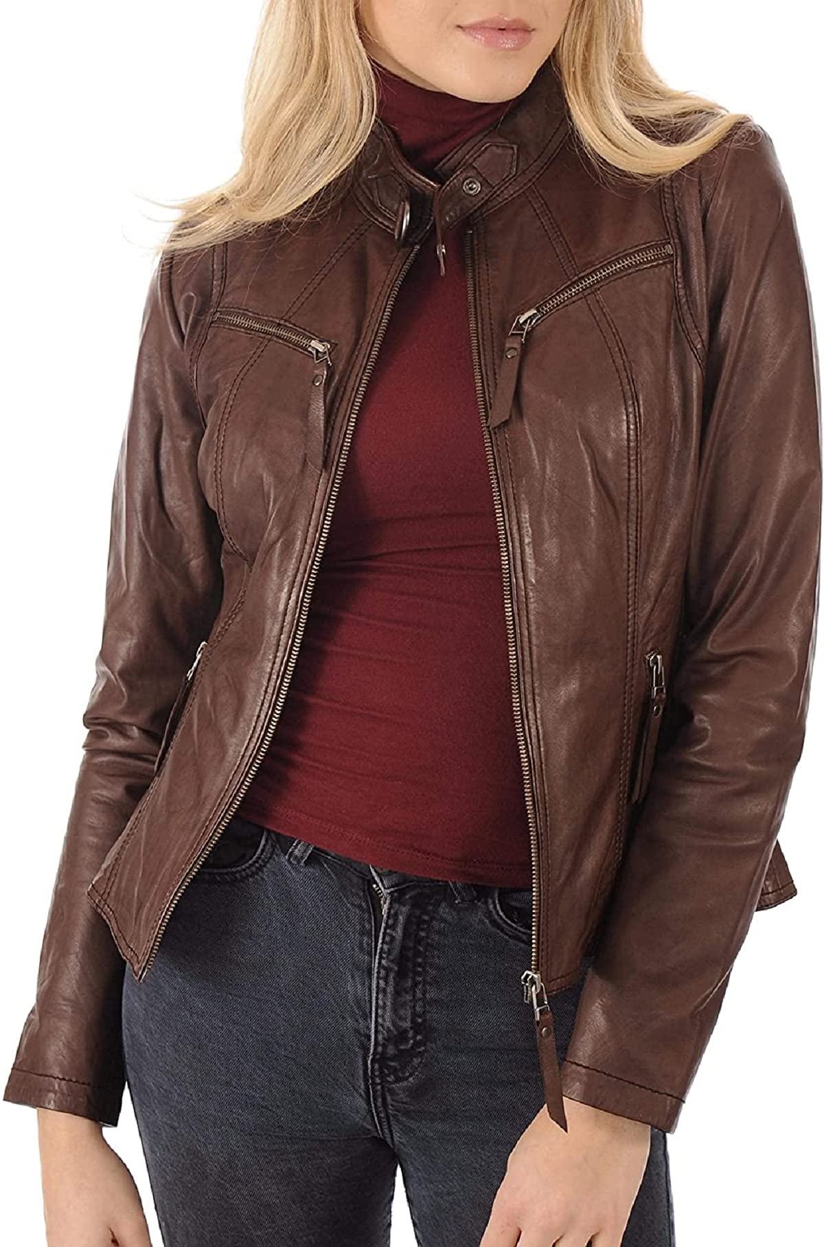 Damen Vintage Retro Cafe Racer Braun Echtleder Jacke Biker Motorrad Stilvoll, Echtlederjacke, 38