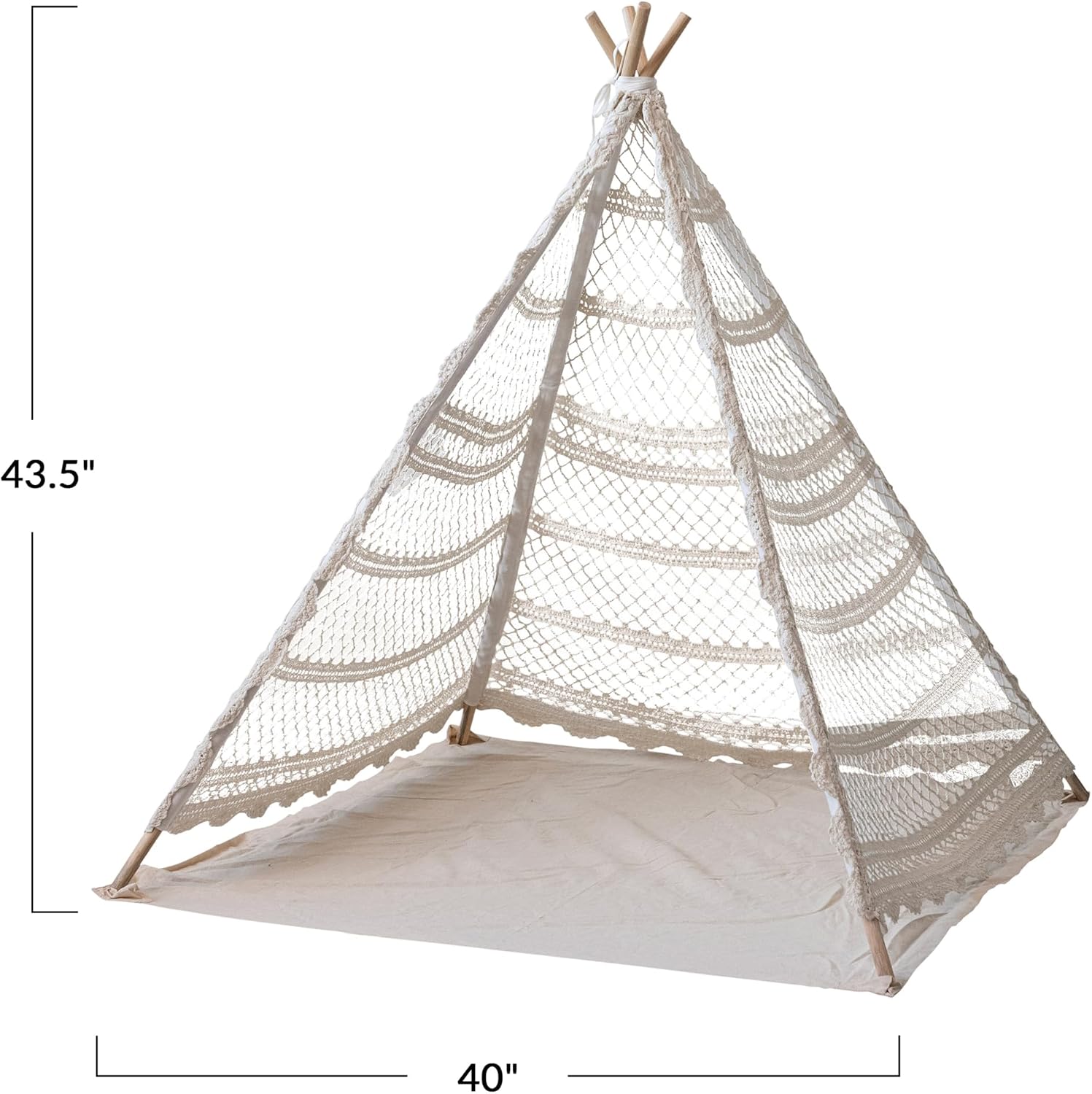 Creative Co-Op Reclaimed Cotton Crocheted and Teakwood Teepee with Mat, Natural