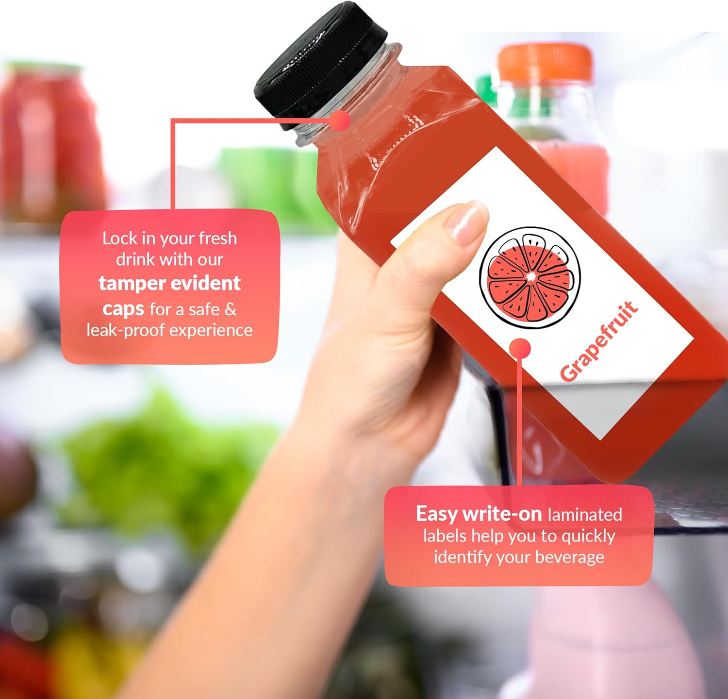 Reli. Plastic Juice Bottles [15 Pack] [12 oz] Square Plastic Juice Bottles with Caps & Sticker Labels | Clear, Empty for Juicing 12oz | Disposable, Reusable Containers for Juicing, Smoothies - Image 4