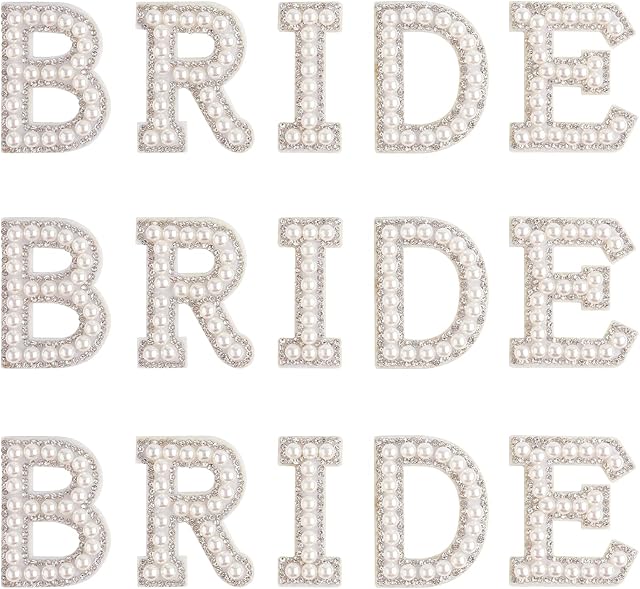 KINBOM 15pcs Rhinestone Iron on Patches,Glitter Bride Rhinestone Pearl Stick on Letters Patches Fabric Applique Letters for Clothing Hats Shoes DIY Craft Supplies