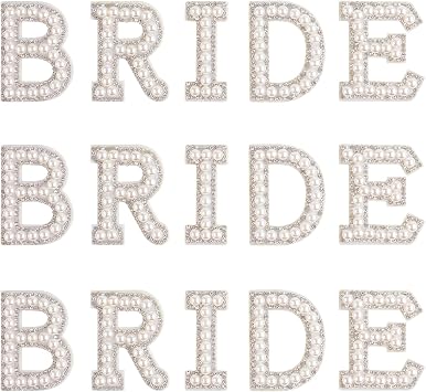 KINBOM 15pcs Rhinestone Iron on Patches,Glitter Bride Rhinestone Pearl Stick on Letters Patches Fabric Applique Letters for Clothing Hats Shoes DIY Craft Supplies