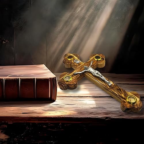 Miniatura 6 de 3 ARCHES USA Cruz de madera de olivo con crucifijo de 11 pulgadas de altura, cruz cristiana para colgar en la pared con 4 (cuatro) reliquias sagradas