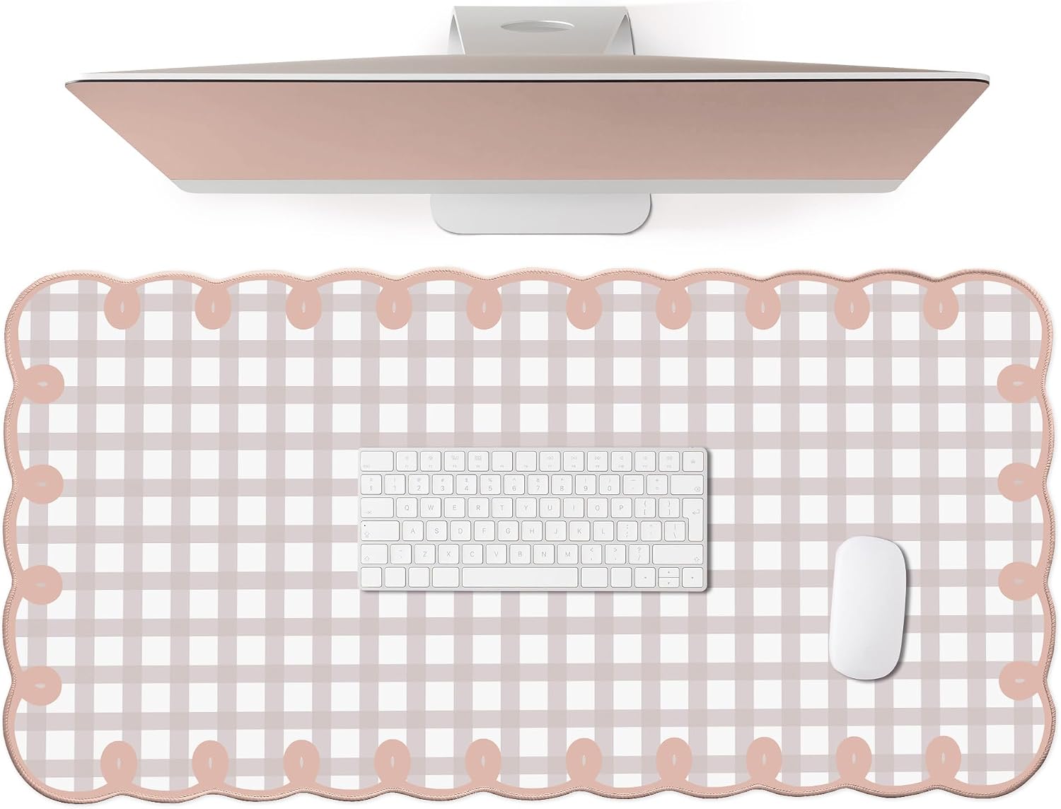 Cute Pink Scalloped Desk Mat Kawaii Pastel Retro Checkered Large Mouse Pad Boho Aesthetic Vintage Stitched Nonslip Pad Office Girl Women Desk Decor Computer Keyboard & Mouse 31 * 15.7in