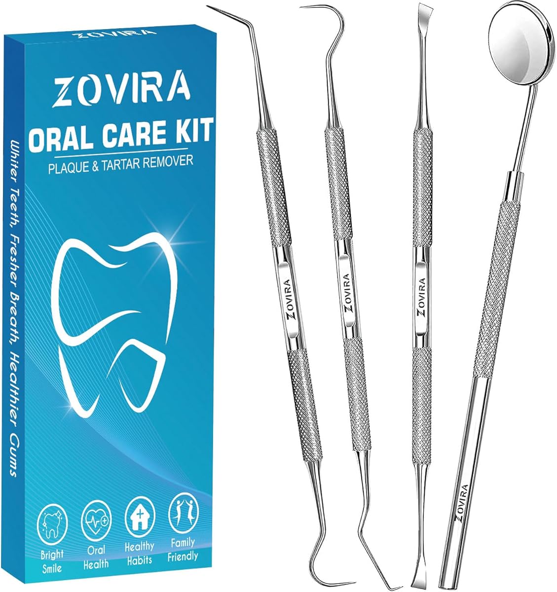 ZOVIRA Plaque Remover for Teeth 4pc Tooth Cleaning Kit with Tartar and Calculus Removal Dental Care Set Stainless Steel Dentist Tools for Personal and Home Use : Amazon.co.uk