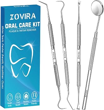 Plaque Remover for Teeth 4pc Tooth Cleaning Kit with Tartar and Calculus Removal Dental Care Set Stainless Steel Dentist Tools for Personal and Home Use