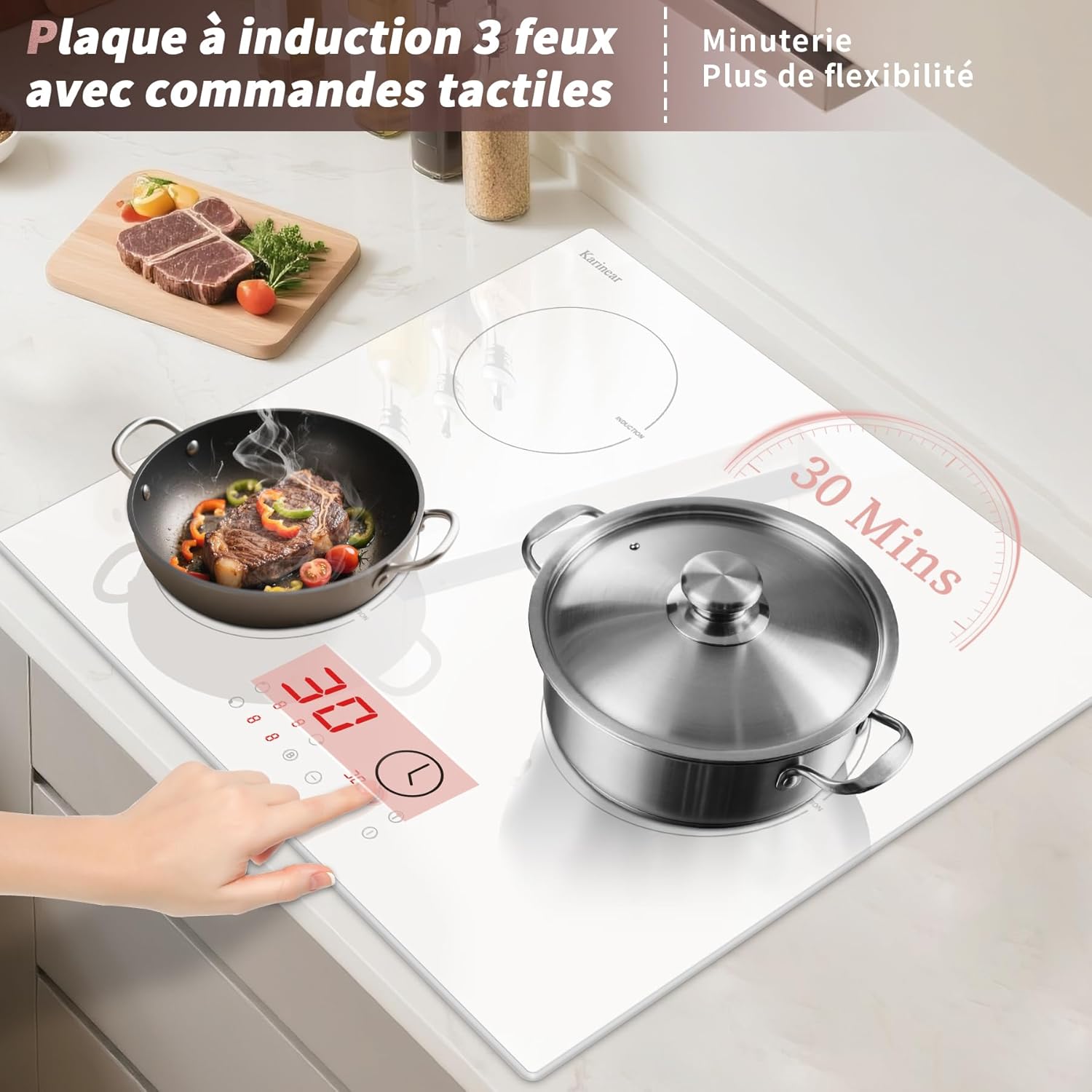 Karinear Induction Cooktop in use with pots and timer