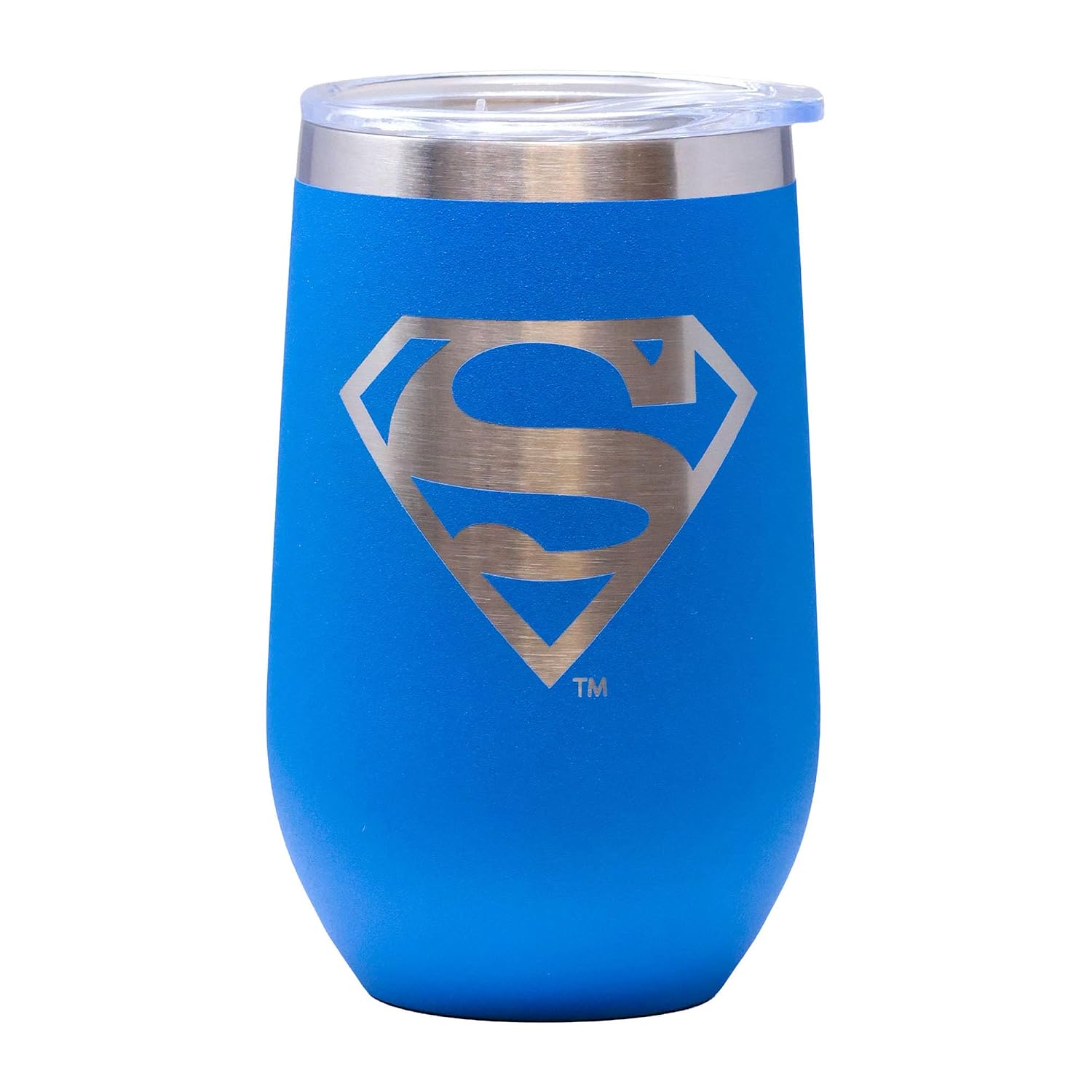 Spoontiques Superman Etched Stainless Steel Wine Tumbler with Lid - Double Wall Stainless Steel Stemless Wine Glass - 16oz - 5 5/8” Tall