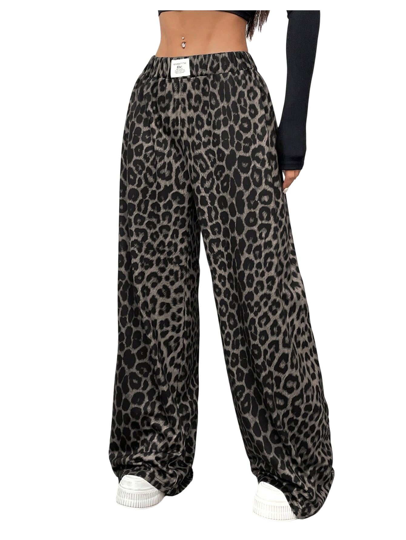 SHENHE Womens Leopard Wide Leg Pants Y2k Elastic Waist Loose Lounge Casual Pants Trousers