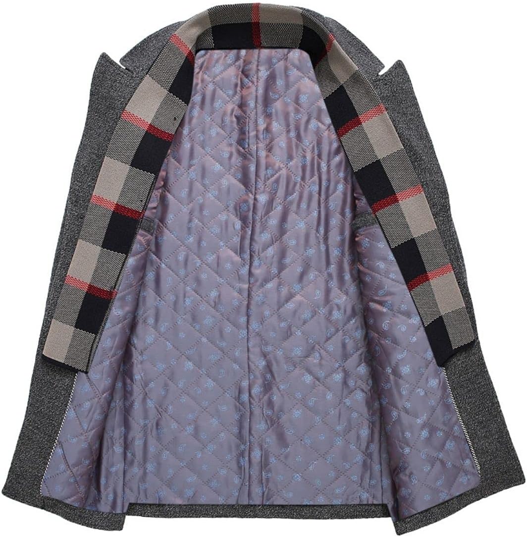 Kwoki Men's Wool Blend Trench Coat Detachable Padded Lining Mid Long Woolen Jacket Overcoat