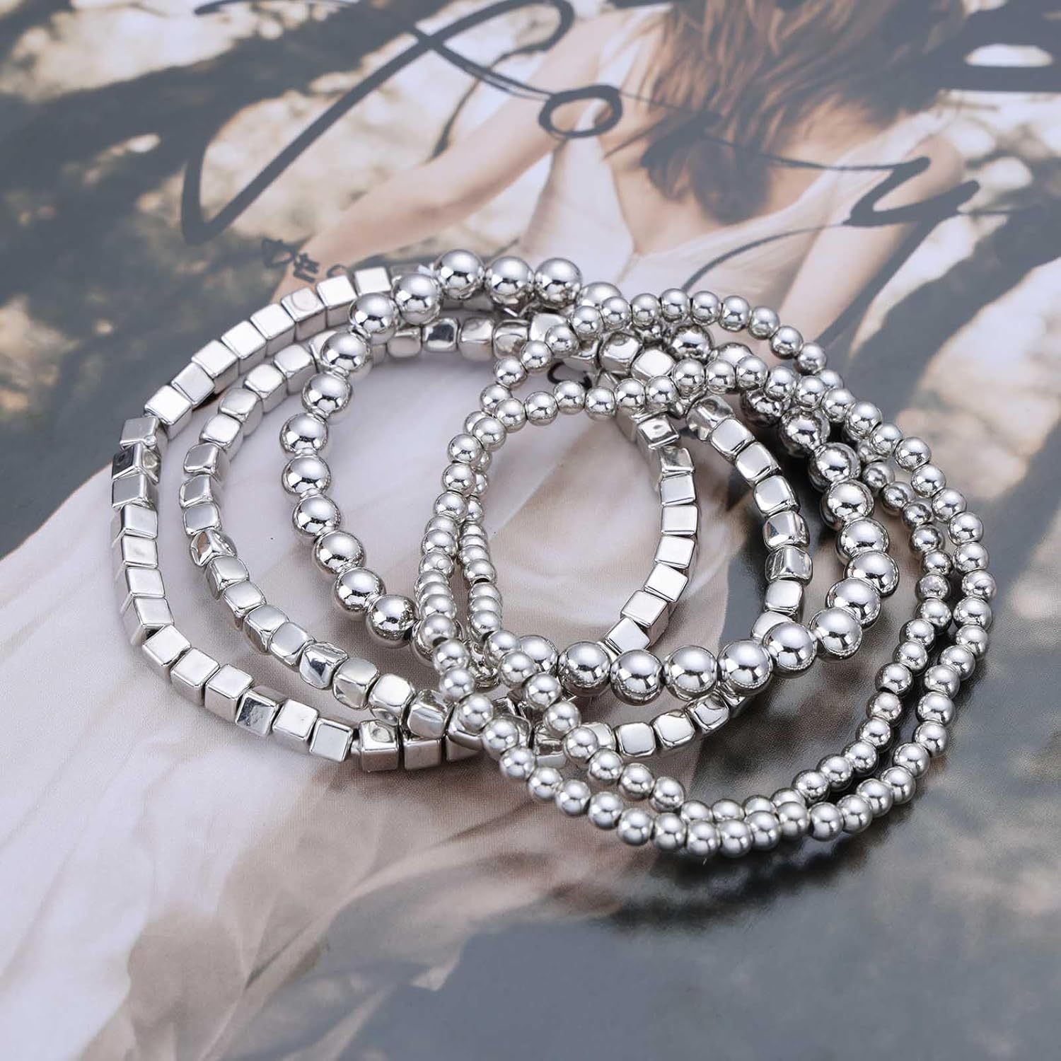 Gold Beaded Bracelets Set Stacking Cube Bead Chain Bracelets Stretchy Strings Round Beads Bracelets Bead Ball Link Chain Bracelets Handmade Elastic Hand Jewelry for Women - Image 6