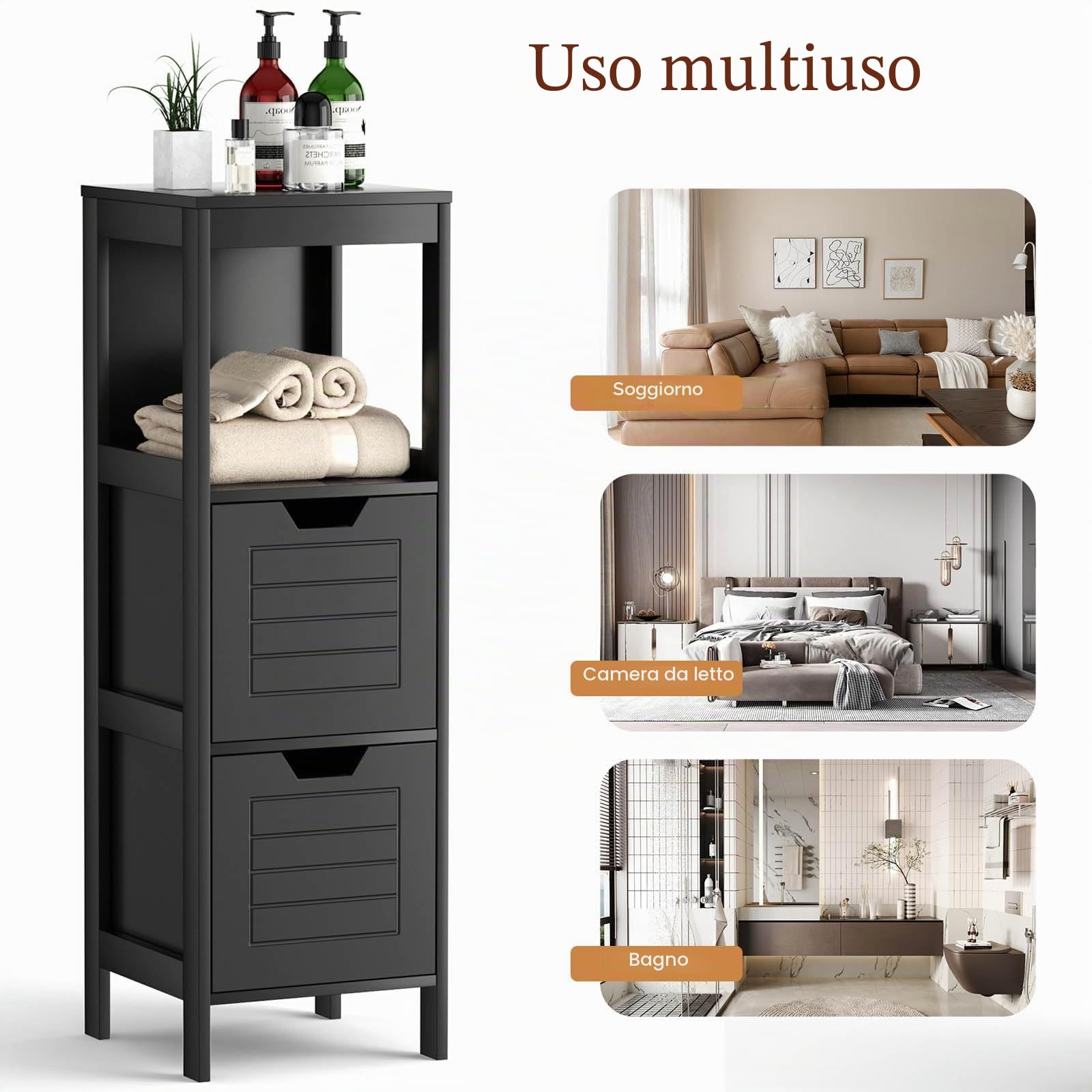 LIFEZEAL Mobiletto Bagno Salvaspazio, Scaffale Multiuso con 2 cassetti, Mobile Bagno in Legno 30x30x89cm, Armadietto da Terra per Cucina e Soggiorno (nero 1)