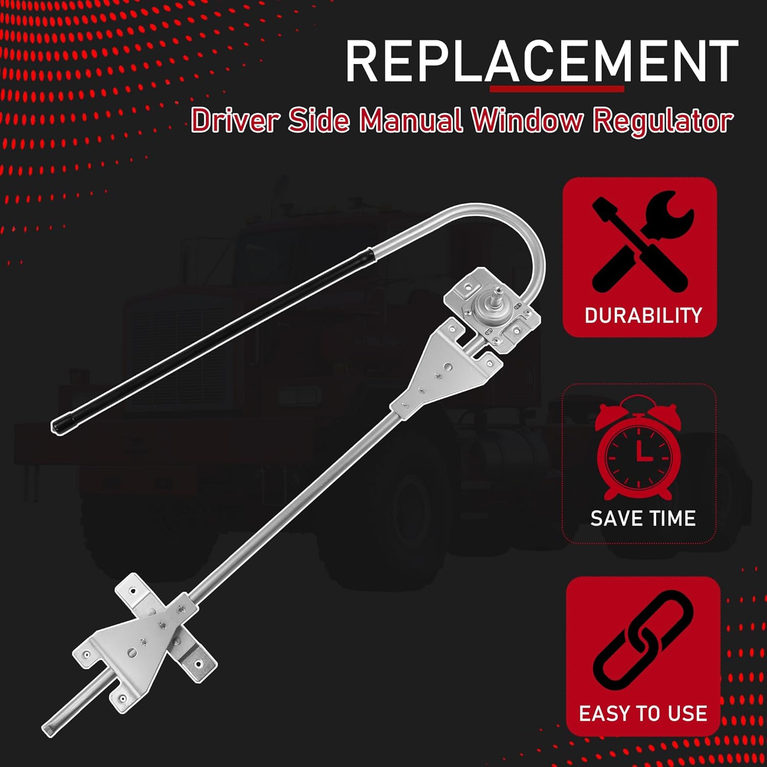 K092-407 Driver Side Manual Window Regulator Compatible with 1997-2009 Kenworth C500 T300 T800 W900B W900L 1997-2003 Kenworth T600B Front Left Driver Side Replaces HLK2557