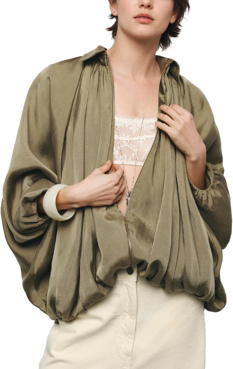 Womens Puffed Bomber Jacket Casual Batwing Sleeve Lapel Collar Zip Shirts Oversized Pleated Streetwear Jackets - Image 2