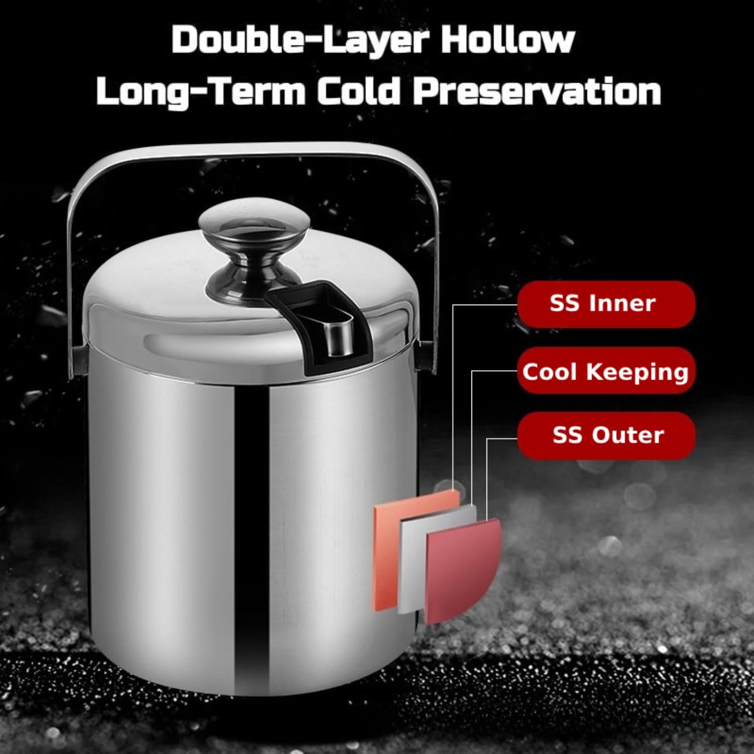 Double-Wall Stainless Steel Wine Ice Buckets with Lid,Tong&Strainer, for Cocktail Bar,Parties Chilling Beer Champagne,Keep Ice Frozen Longer for Outdoor or Indoor,Picnic (1.3L) - Image 2