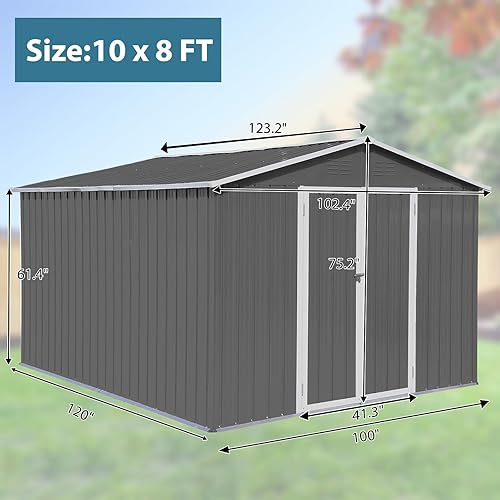 Miniatura 2 de Cobertizo de almacenamiento para exteriores de 10 x 8 pies, cobertizos de metal para todo tipo de clima con base de metal y puertas con cerradura,