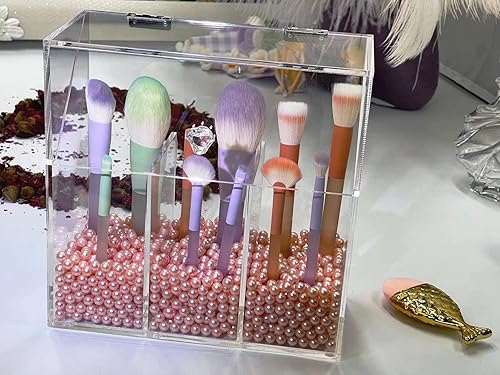 Miniatura 5 de VASERDDY Organizador de maquillaje acrílico, caja de almacenamiento transparente para brochas de cosméticos con 3 soportes para pinceles, soporte