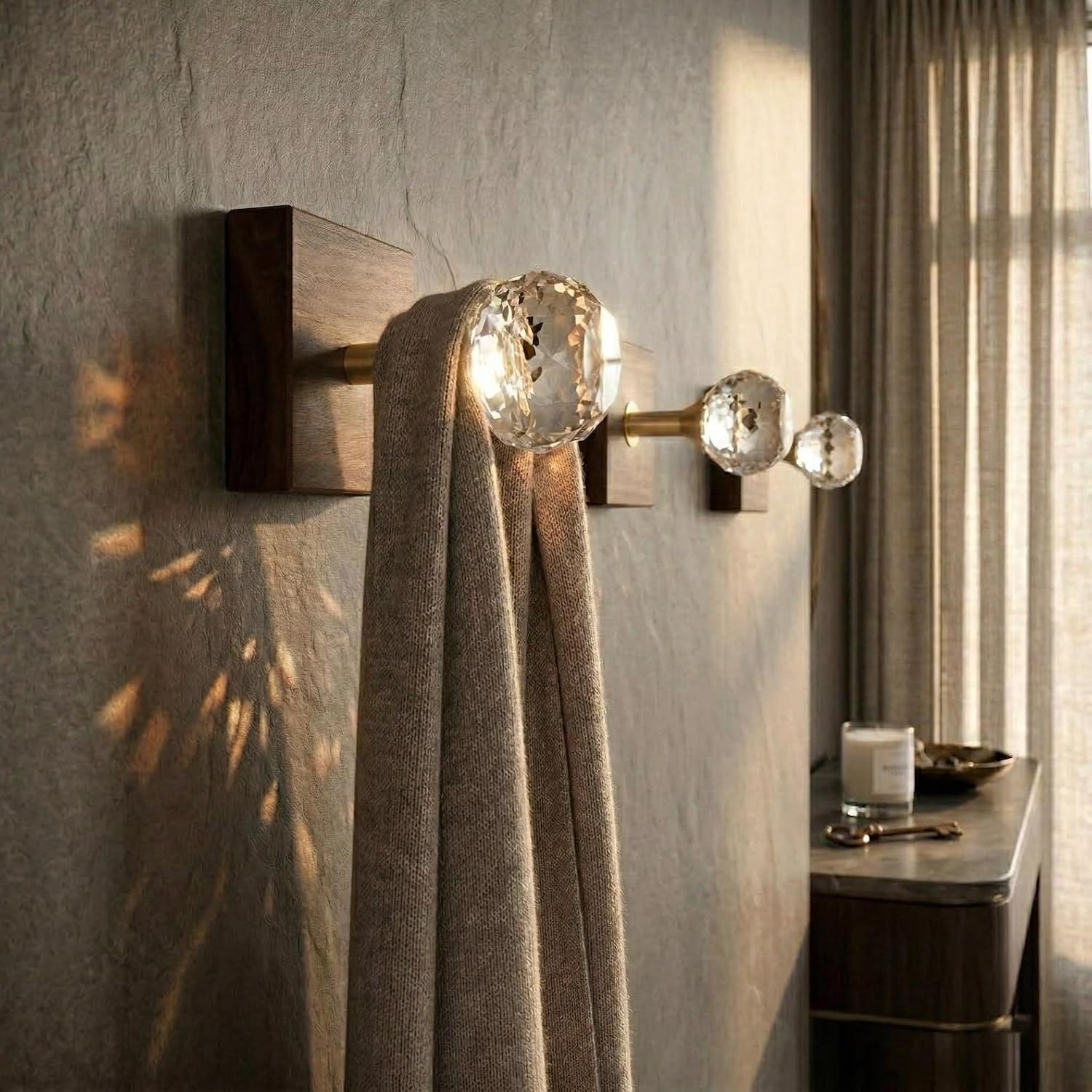 Optical Glass Walnut Coat Hook – Brass Light Catcher Wall Hanger