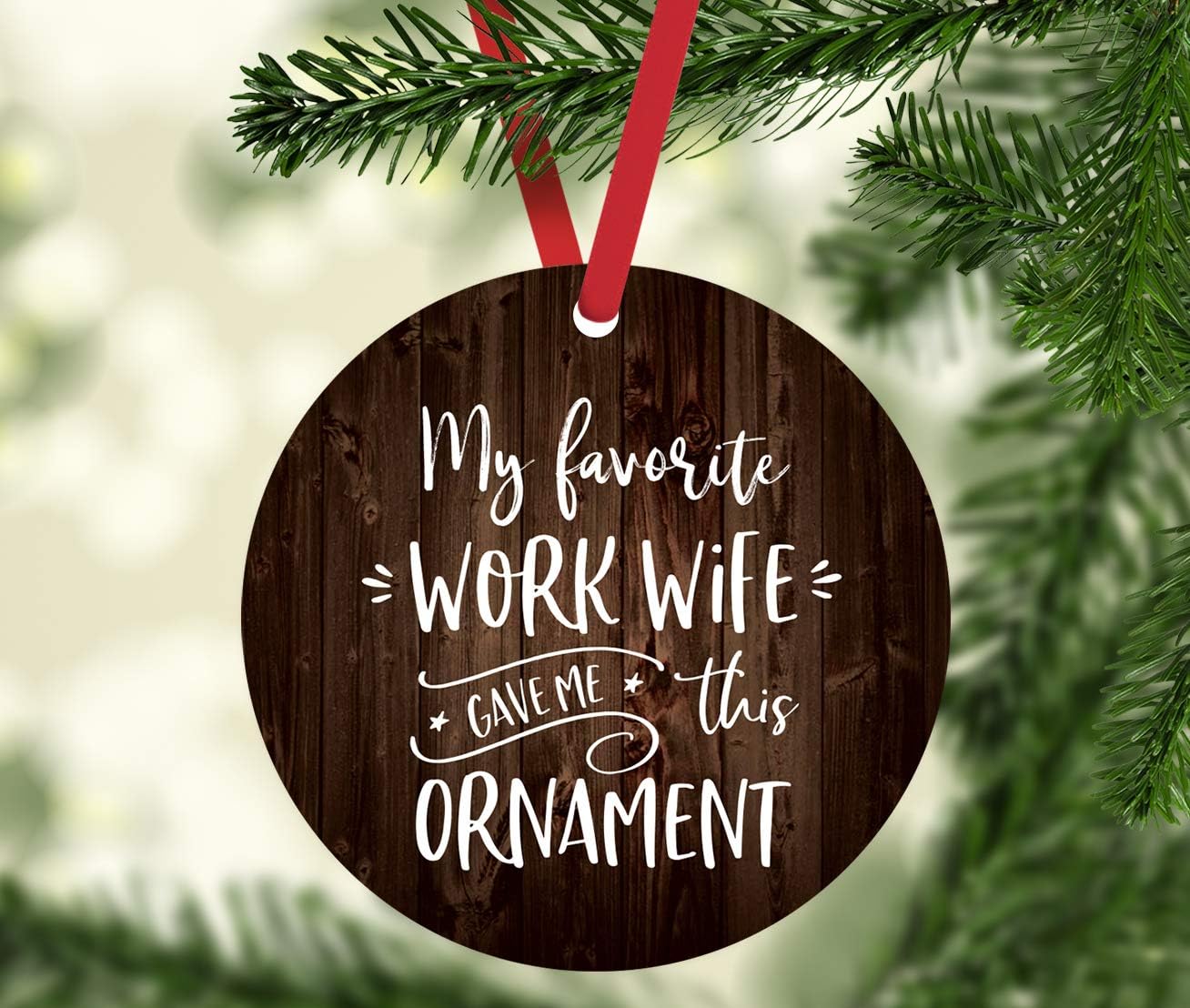 Andaz Press Funny Retirement Round Natural Wood MDF Christmas Ornament Gift, My Favorite Work Wife Gave Me This Ornament, Rustic Wood, 1-Pack, Christmas Office Present Gifts Ideas