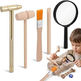 5 Pcs Kids Archaeology Digging Tool Set | Wood Metal Hammer Chisel Brush Magnifier, Dinosaur Bone Gemstone Excavation Science Kit