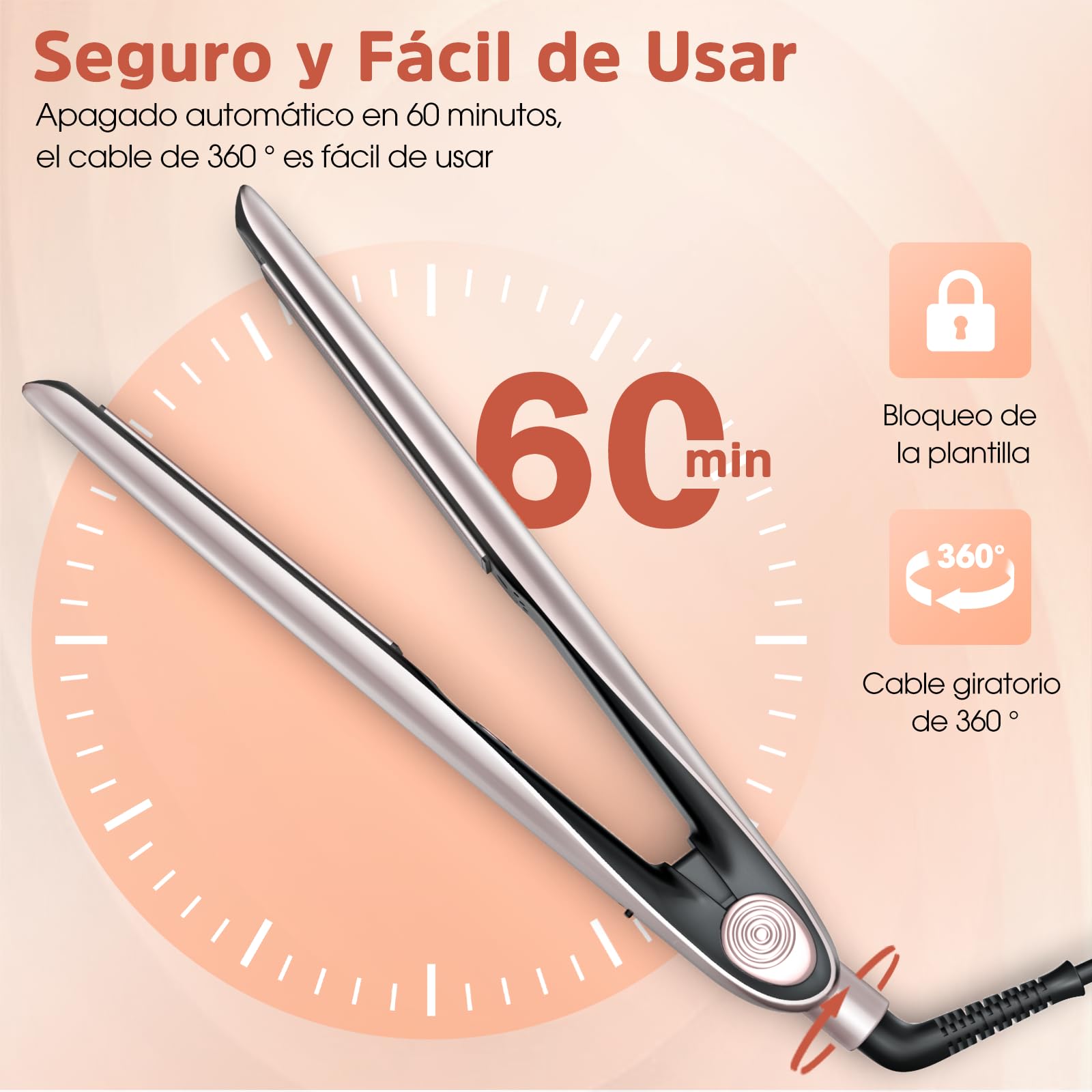 Planchas del Pelo Con Pantalla Digital - Plancha de Pelo Profesional, Tecnología Iónica Anti Frizz, Placas Flotantes Extralargas, Calentamiento Rápido, 5 Ajustes de 120°C a 230°C (Champán) — view 7