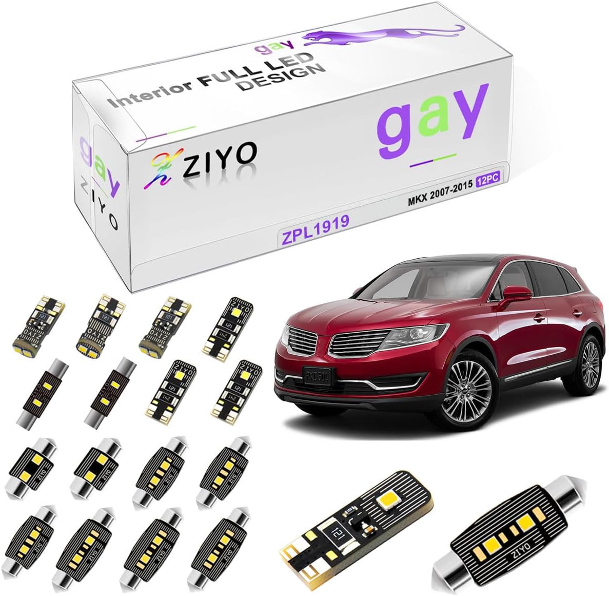 ZIYO ZPL1919 - (12 Bulbs) LED Interior Light Kit Replacement for Lincoln MKX 2007-2015 + License Plate Light Bulbs Package, Xenon White Dome Lights Upgrade