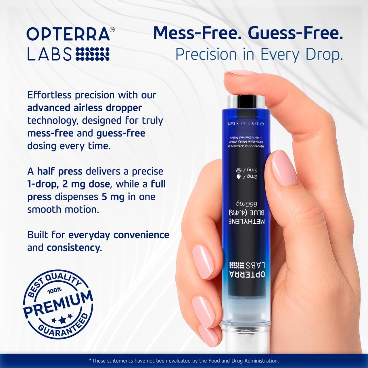 Methylene Blue Drops Pharmaceutical Grade - 4.4% USP Blue Methylene Pharmaceutical Grade | Alcohol & Formaldehyde-Free Cellular Support Formula | Made Vegan & Keto-Friendly | 15ml | OPTERRA LABS