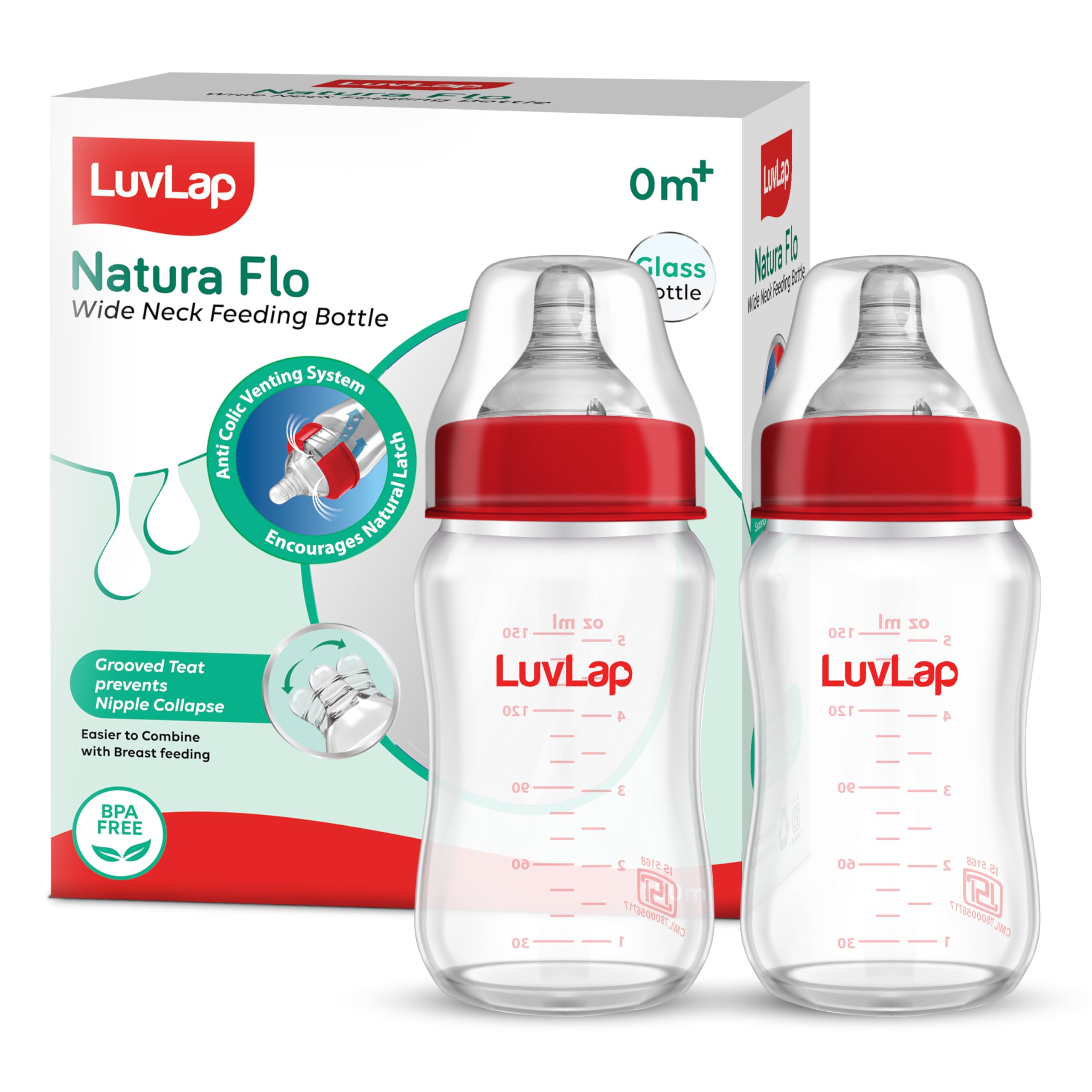 LuvLap Natura Flo Wide Neck Glass Feeding Bottle, New Born/Infants/Toddler Upto 3 Years, BPA Free, Ergonomic Shape is Easy to Hold, with Anti Colic Nipple, Pack of 2, 150ml