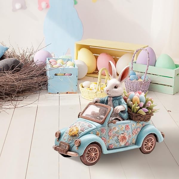 2D Easter Bunny Driving Car Figurine, Acrylic Tabletop Decoration with Floral Design, Blue Vintage Car with White Rabbit and Egg Basket, Spring Holiday Home Decor, 21x17x1cm (3PCS a Set) - 2