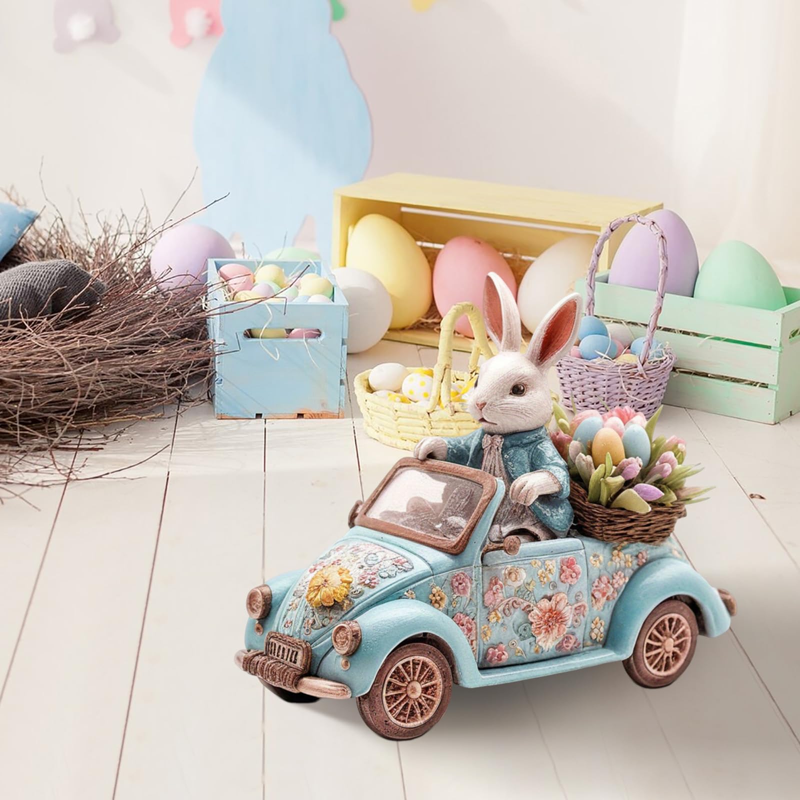 2D Easter Bunny Driving Car Figurine, Acrylic Tabletop Decoration with Floral Design, Blue Vintage Car with White Rabbit and Egg Basket, Spring Holiday Home Decor, 21x17x1cm (3PCS a Set) — view 2