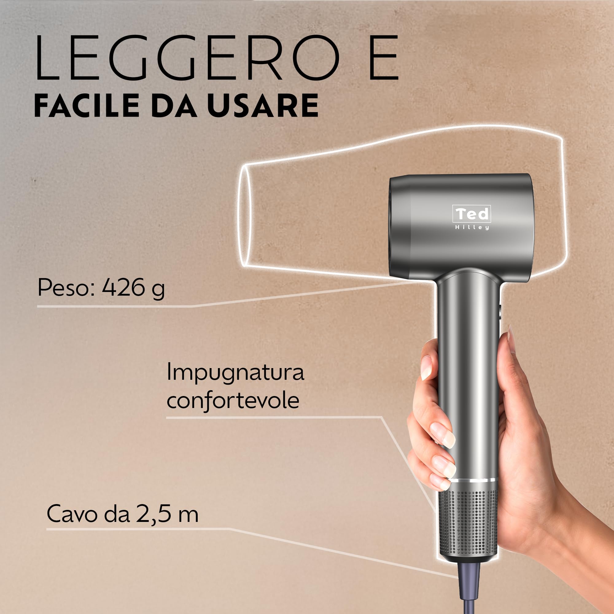 Phon Professionale con Diffusore per Capelli Ricci & Concentratore, Asciugacapelli Ionico 1600 W, 150.000 giri/min, 130 km/h, 500 Milioni di Ioni Negativi, Display Digitale