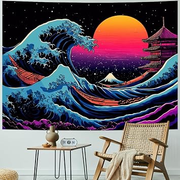 Serborlur The Great Wave Wall Tapestry Japanese Kanagawa Ocean Tapestry Sea Sunset Wall Art Aesthetic Starry Night Wall Hanging for Living Room Bedroom