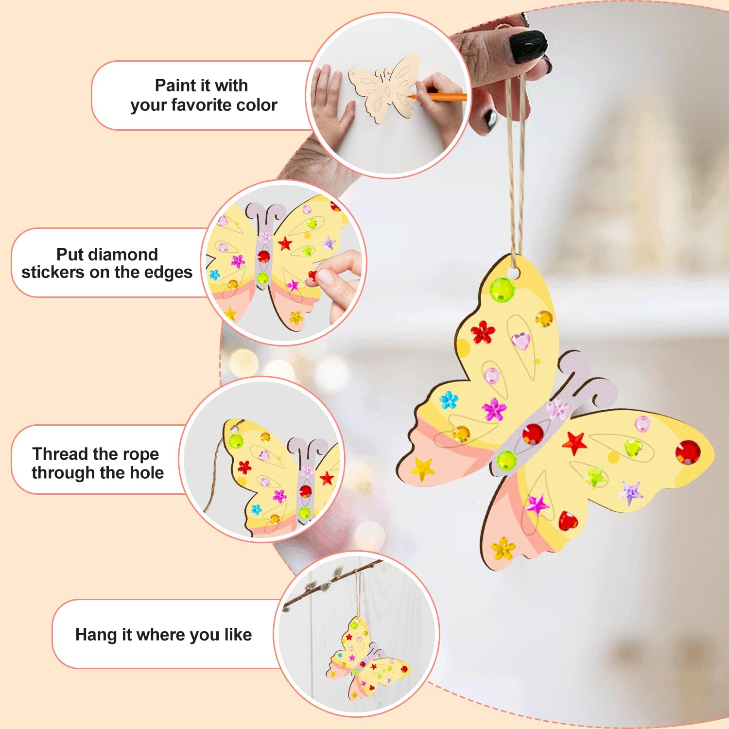 Guilinone 52-teiliges Bastelset Für Kinder - Mit Holzfiguren, Aquarellstiften Und Glitzeraufklebern