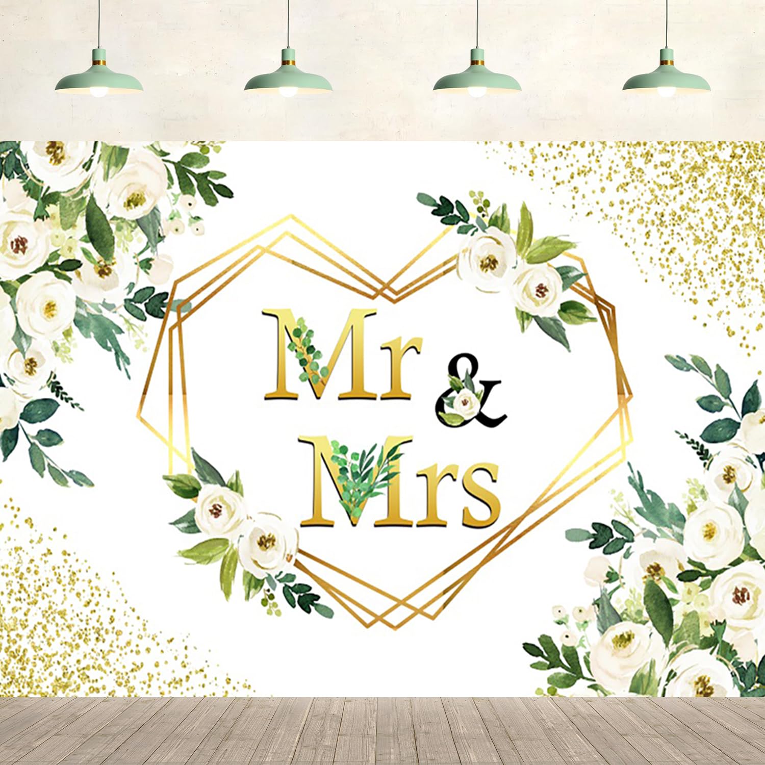 7x5ft Wedding Backdrop Mr and Mrs White Flowers Green Leaves Heart Bridal Background Wedding Party Supplies Engagement Glitter Spots Wall Banner
