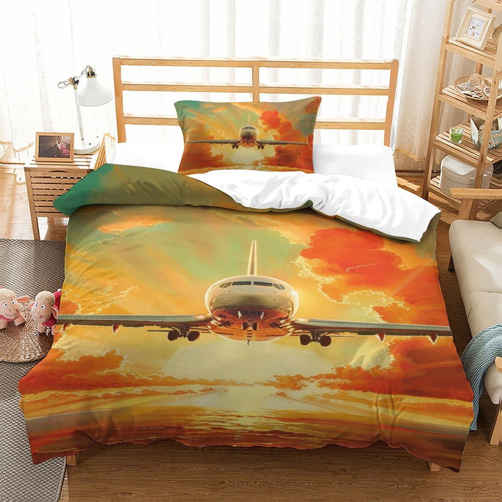 Housse de couette avion 3D microfibre respirante et anti-plis parure de lit 2 pièces 135x200